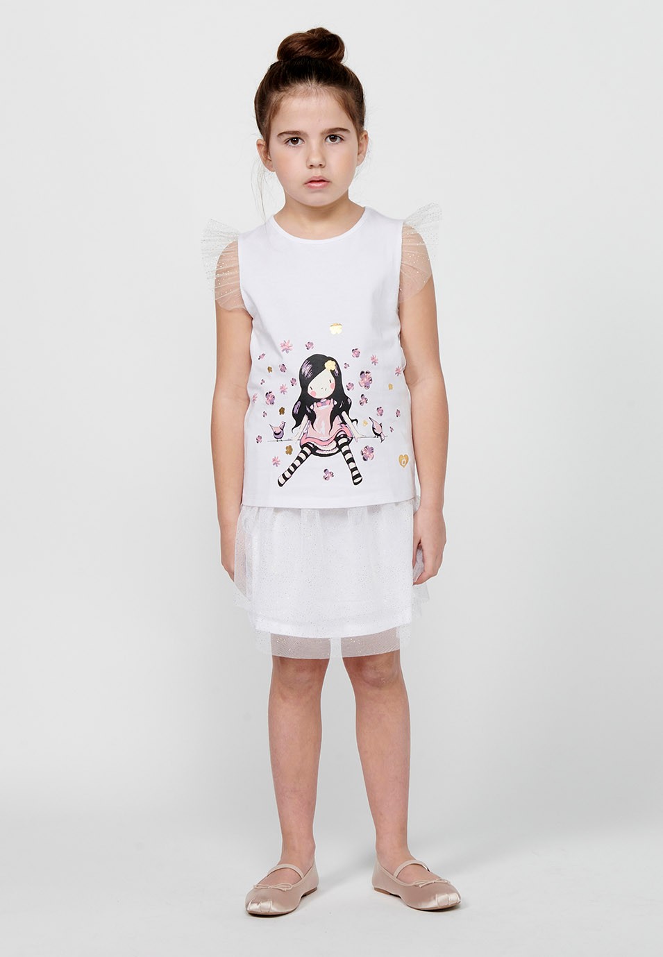 T-shirt manches courtes avec volants et imprimé blanc sur le devant pour fille 2