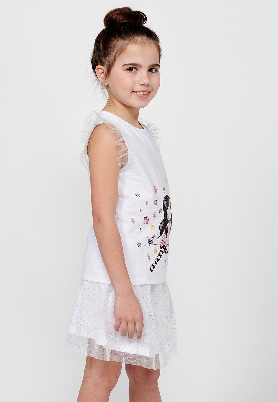 T-shirt manches courtes avec volants et imprimé blanc sur le devant pour fille 1