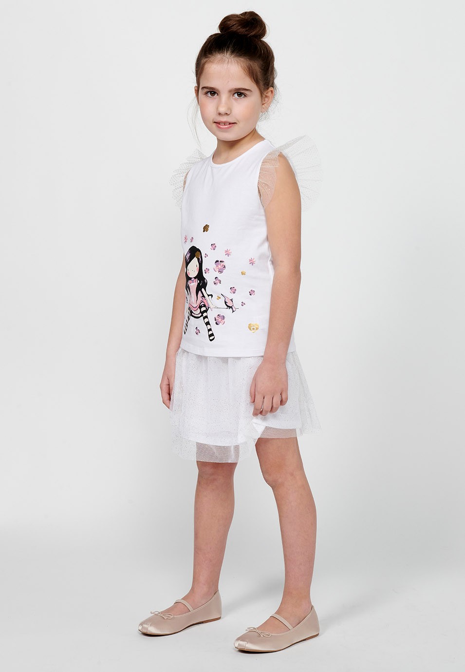 T-shirt manches courtes avec volants et imprimé blanc sur le devant pour fille 5