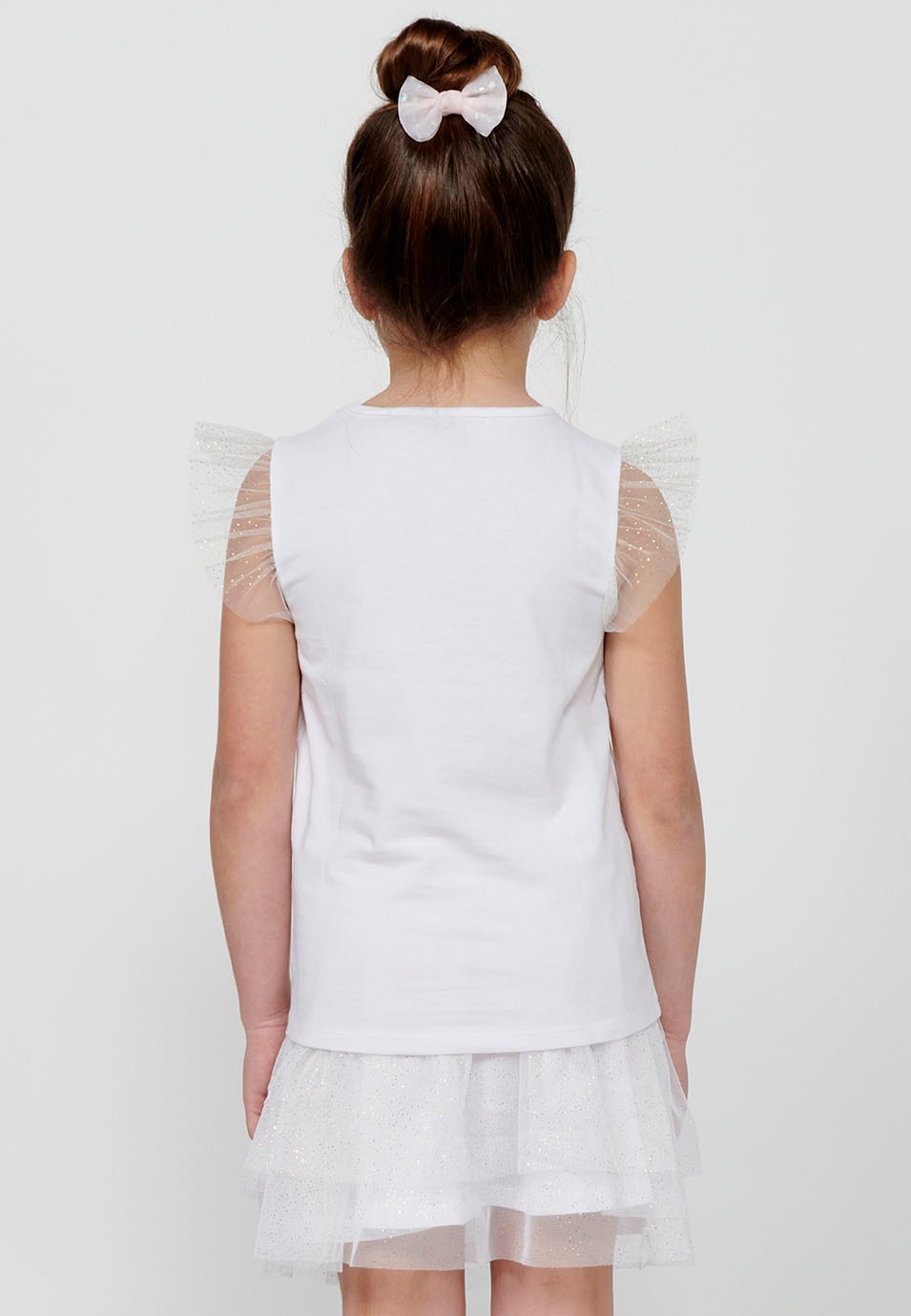 T-shirt manches courtes avec volants et imprimé blanc sur le devant pour fille 4