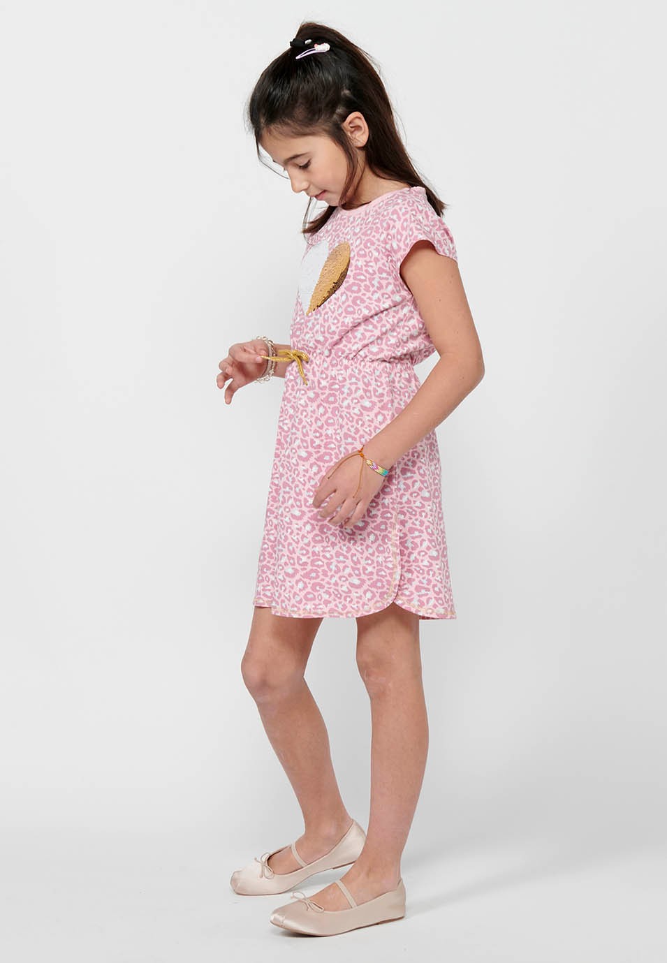 Girl's Pink Embossed Front Print Drawstring Waist Slim Round Neck Short Sleeve Dress 4