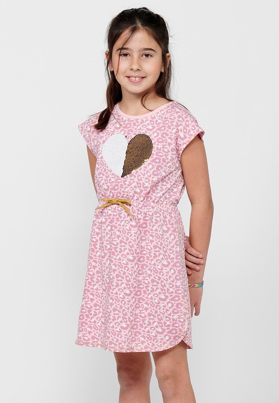 Robe rose à manches courtes et col rond pour fille, imprimé gaufré sur le devant, cordon de serrage à la taille 2