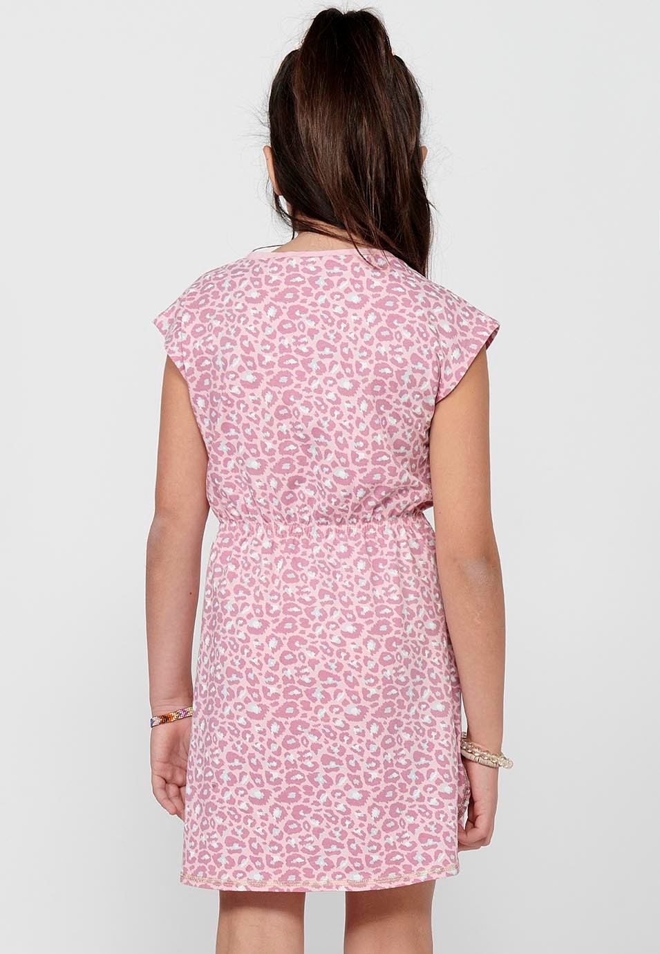 Girl's Pink Embossed Front Print Drawstring Waist Slim Round Neck Short Sleeve Dress 1