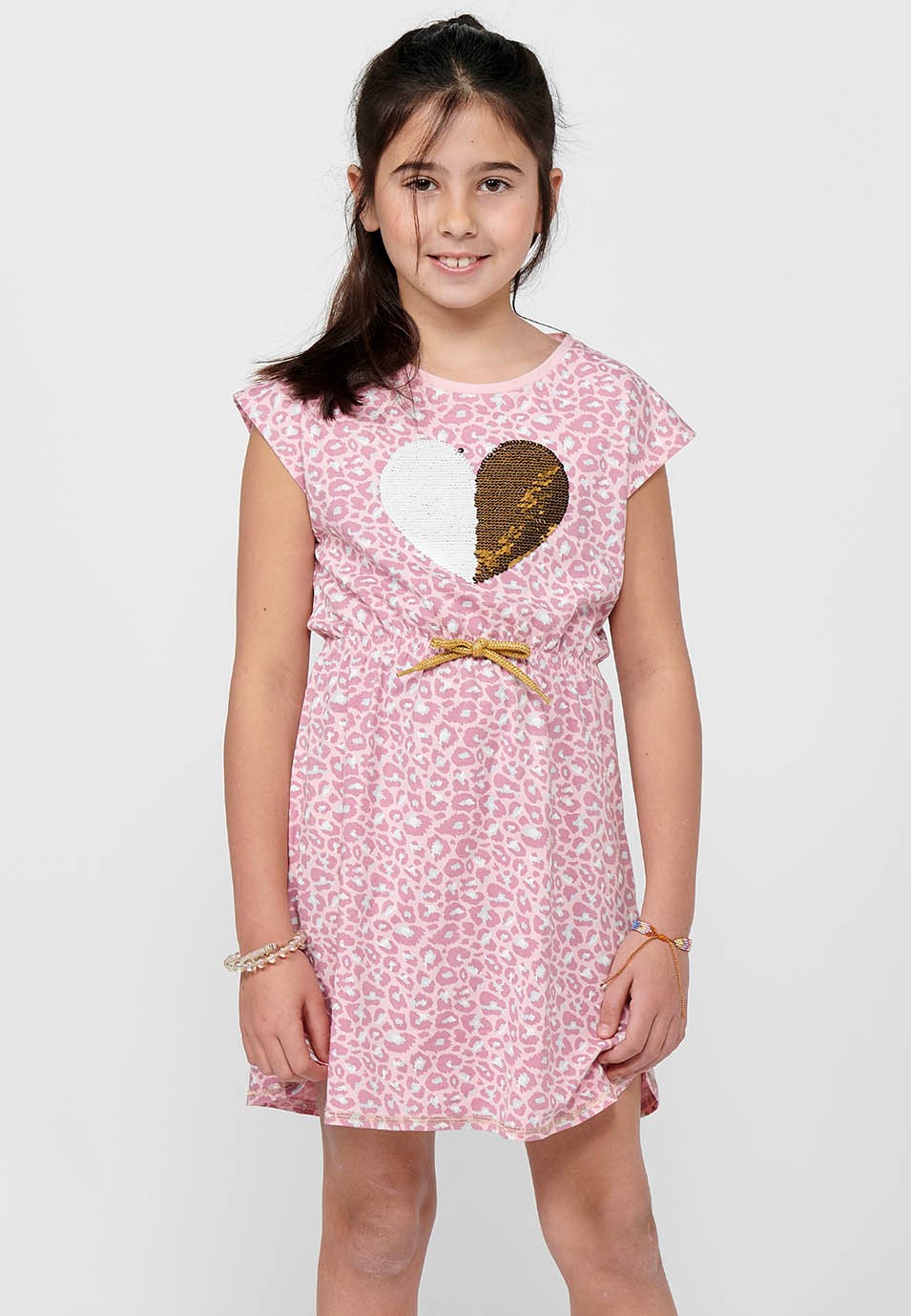 Girl's Pink Embossed Front Print Drawstring Waist Slim Round Neck Short Sleeve Dress 8
