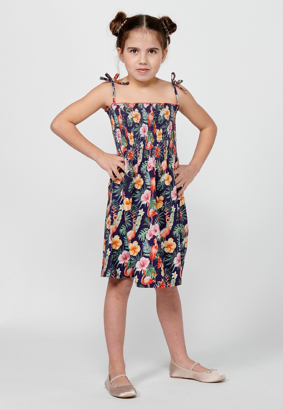 Robe à bretelles pour fille, imprimé floral multicolore, avec taille gommée