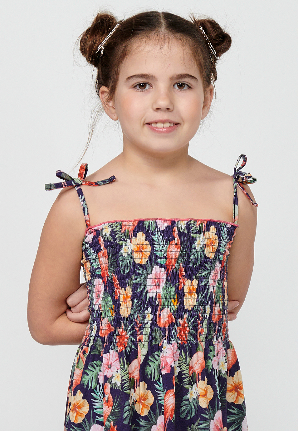 Girl's Multicolor Floral Print Strap Dress with Gummed Waist Up 5
