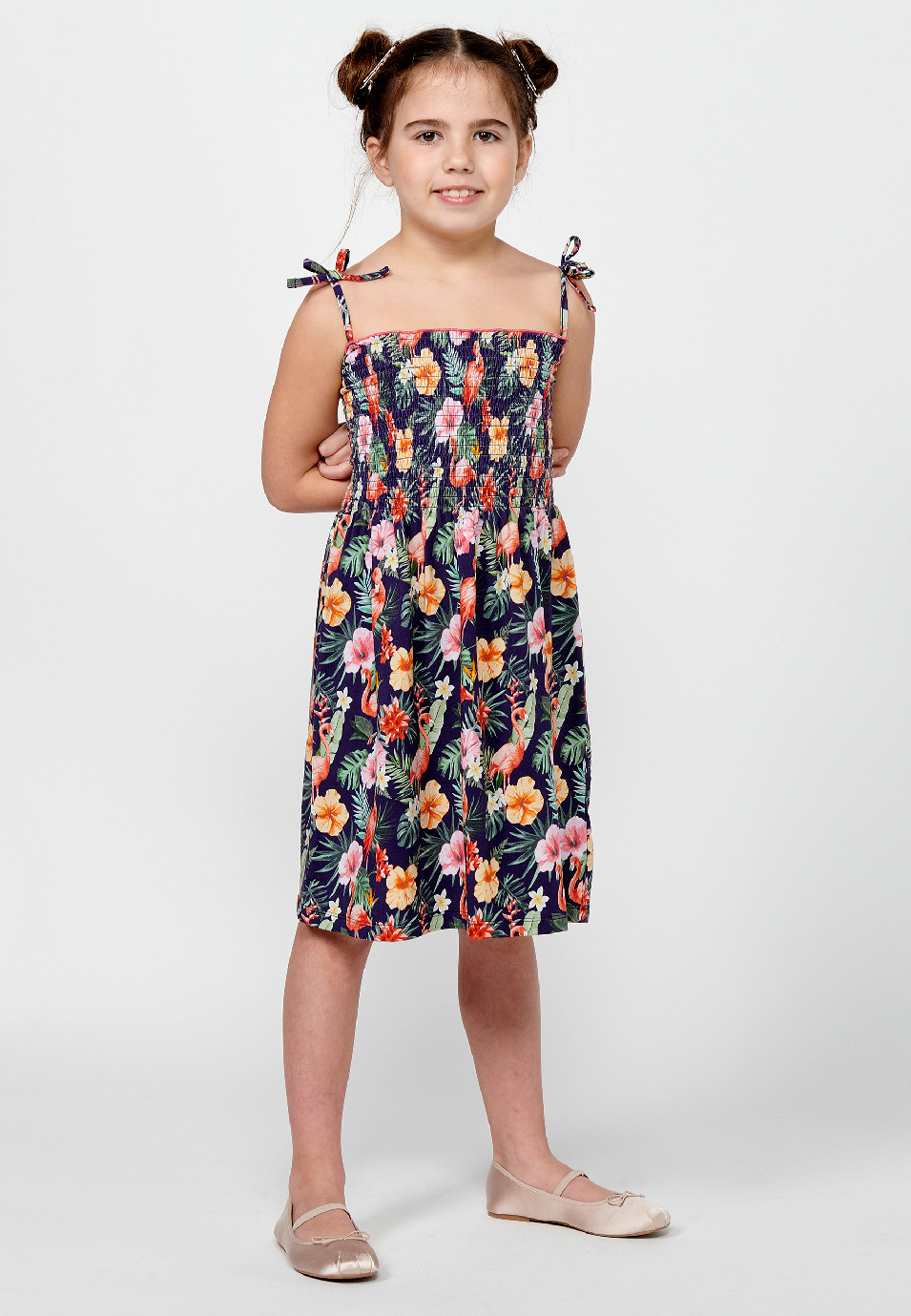 Girl's Multicolor Floral Print Strap Dress with Gummed Waist Up 1