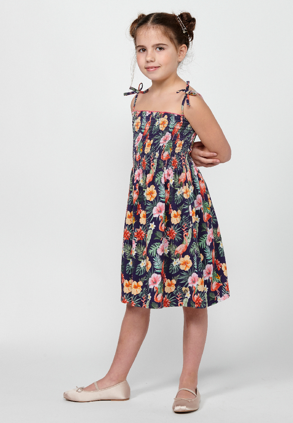 Girl's Multicolor Floral Print Strap Dress with Gummed Waist Up 3