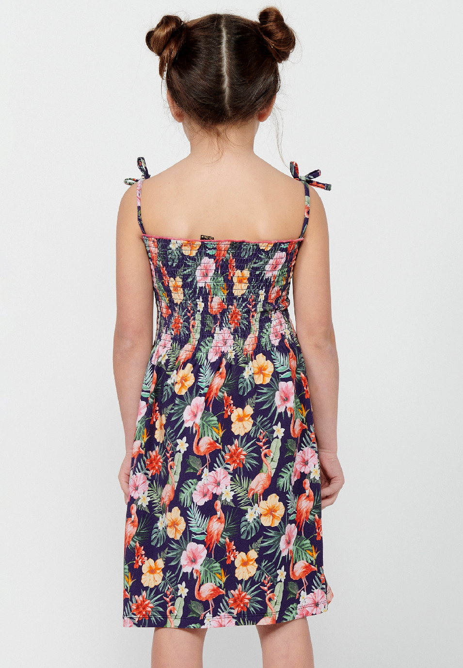 Girl's Multicolor Floral Print Strap Dress with Gummed Waist Up 2