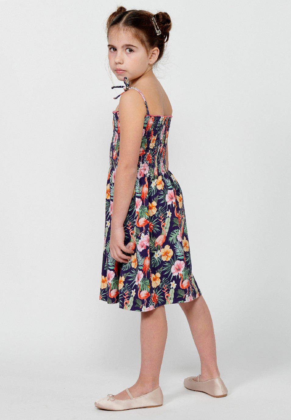 Girl's Multicolor Floral Print Strap Dress with Gummed Waist Up 4