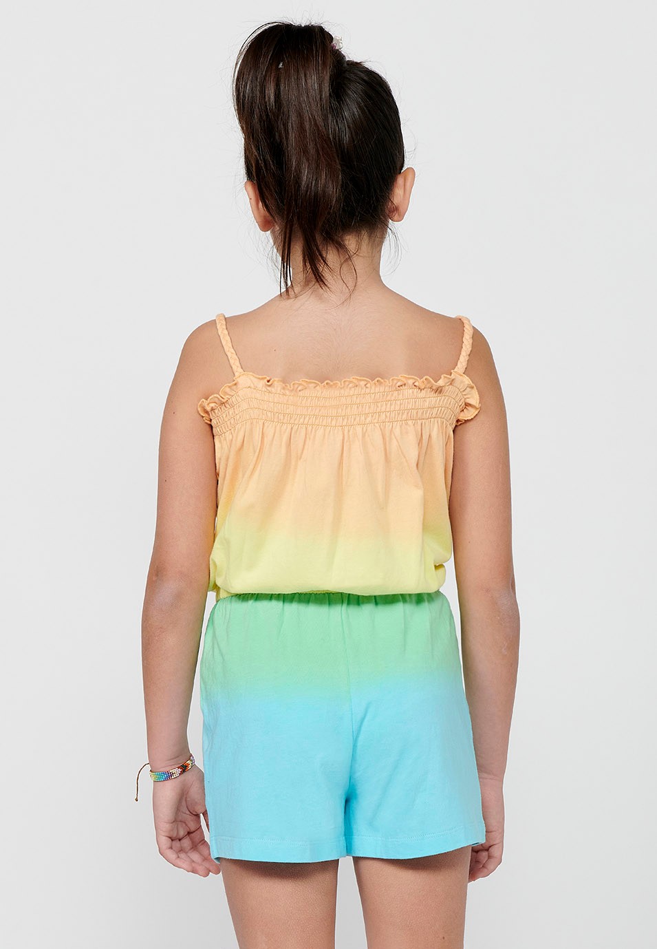 Robe combinaison à bretelles en coton avec imprimé sur le devant et ajustée à la taille avec bande élastique et tissu de couleurs dégradées multicolores pour fille 2