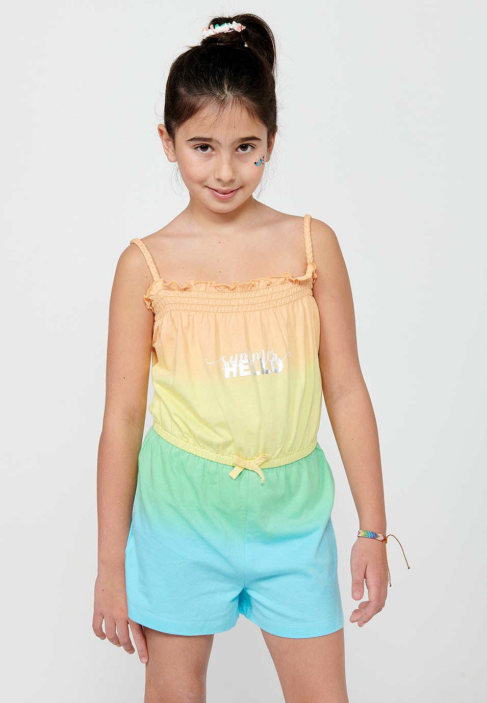 Cotton Strap Jumpsuit Dress with Front Print and Adjusted at the Waist with Elastic Band and Fabric in Multicolor Gradient Colors for Girl 5