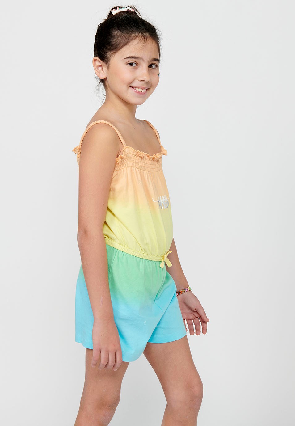 Robe combinaison à bretelles en coton avec imprimé sur le devant et ajustée à la taille avec bande élastique et tissu de couleurs dégradées multicolores pour fille 6