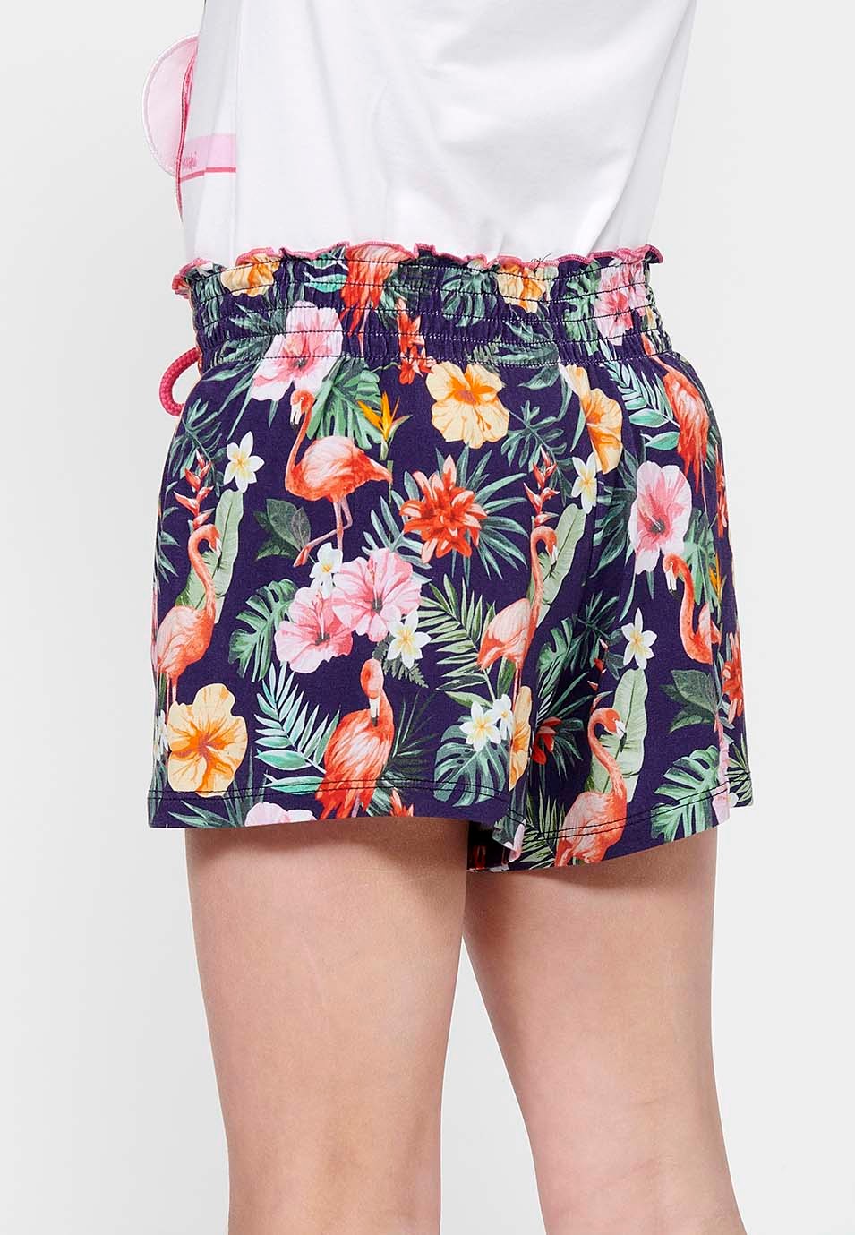 Pack of two shorts, one of them with a floral print and both with a wide elastic waistband and Multicolor drawstring for Girls 6