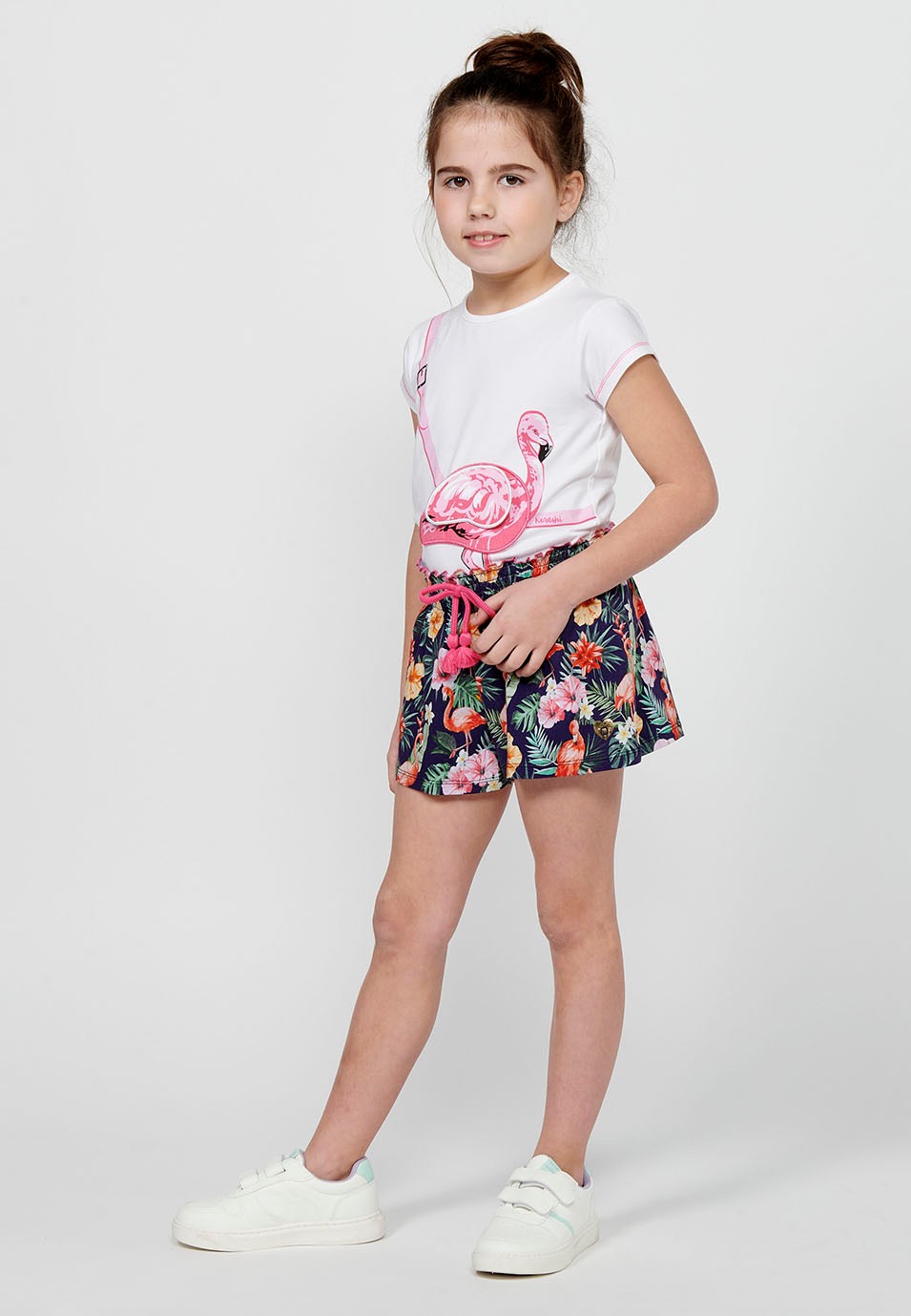 Pack of two shorts, one of them with a floral print and both with a wide elastic waistband and Multicolor drawstring for Girls
