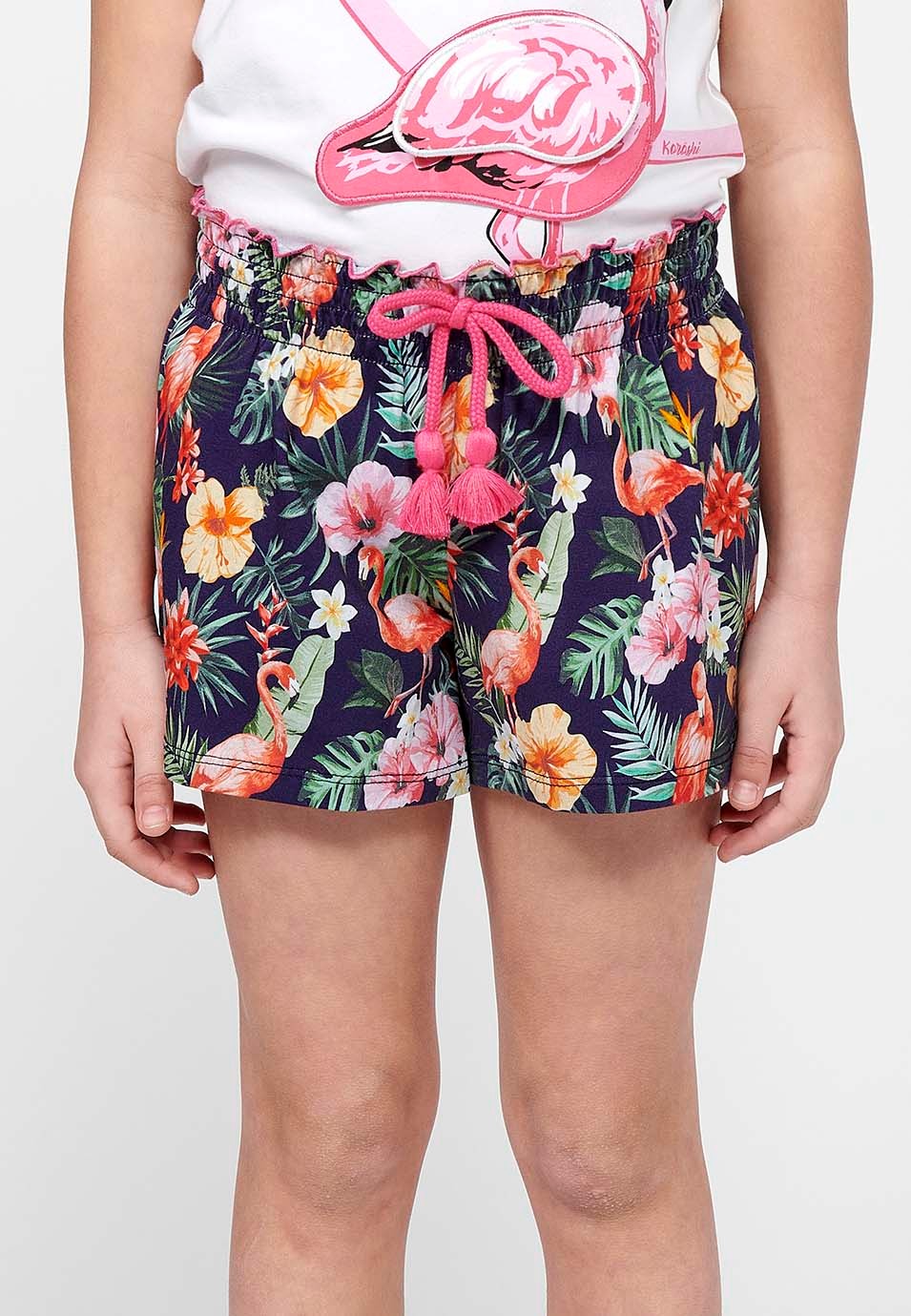 Pack of two shorts, one of them with a floral print and both with a wide elastic waistband and Multicolor drawstring for Girls 9