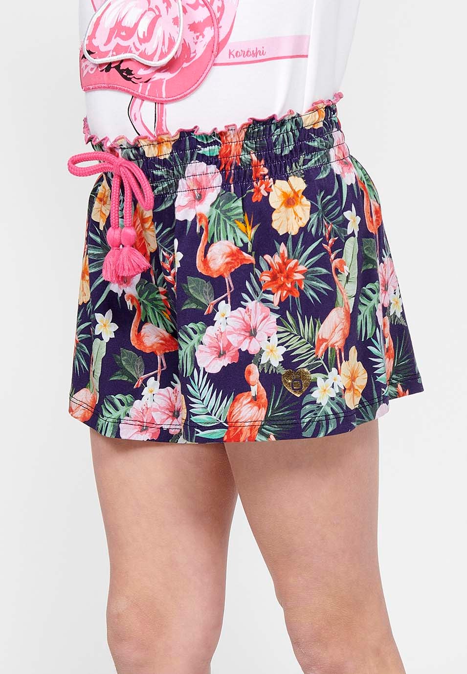 Pack of two shorts, one of them with a floral print and both with a wide elastic waistband and Multicolor drawstring for Girls 7
