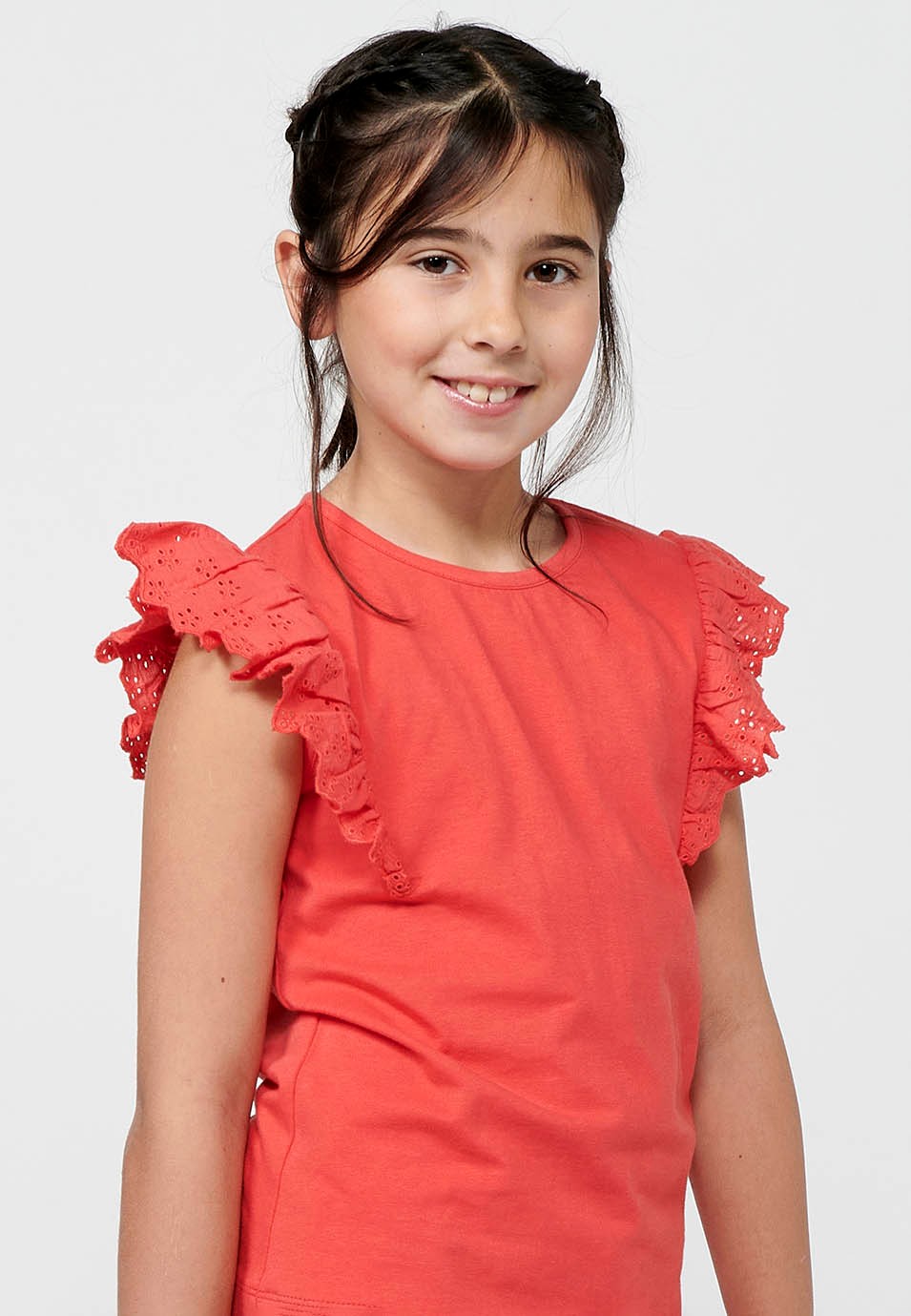 Pack of top and shorts, the sleeveless T-shirt with ruffles and shorts with a ruffle finish, with a rubberized waist in Coral Color for Girls 2