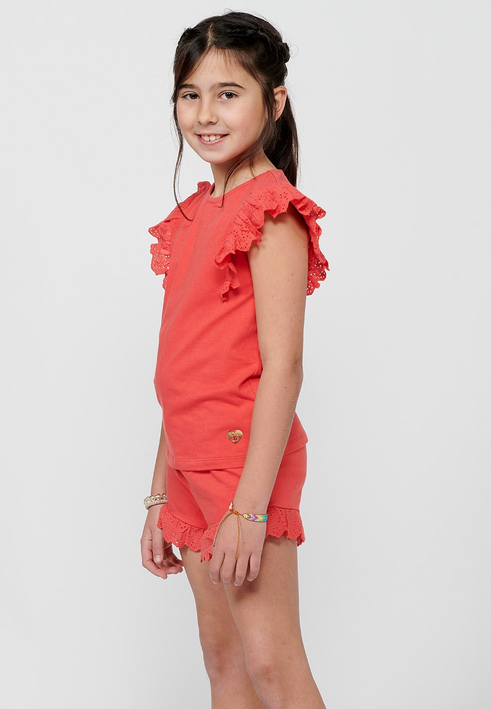 Pack of top and shorts, the sleeveless T-shirt with ruffles and shorts with a ruffle finish, with a rubberized waist in Coral Color for Girls 4