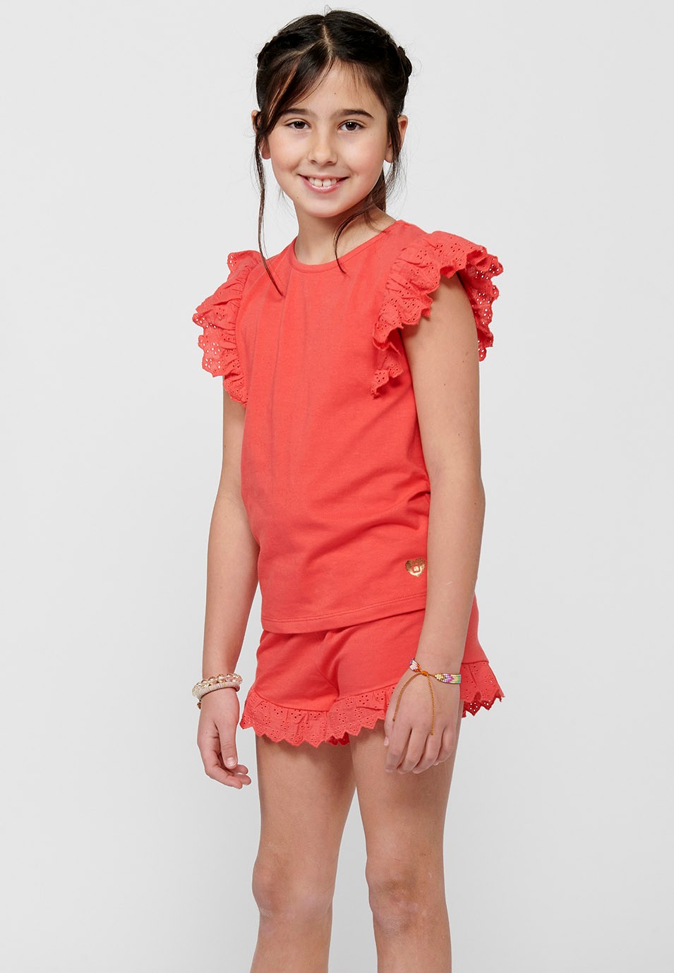 Pack of top and shorts, the sleeveless T-shirt with ruffles and shorts with a ruffle finish, with a rubberized waist in Coral Color for Girls 3