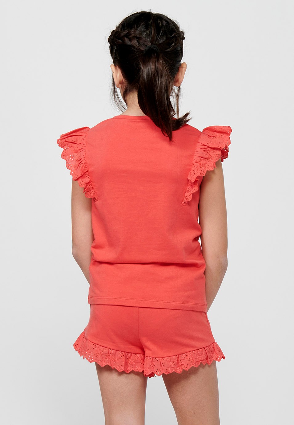 Pack of top and shorts, the sleeveless T-shirt with ruffles and shorts with a ruffle finish, with a rubberized waist in Coral Color for Girls 1