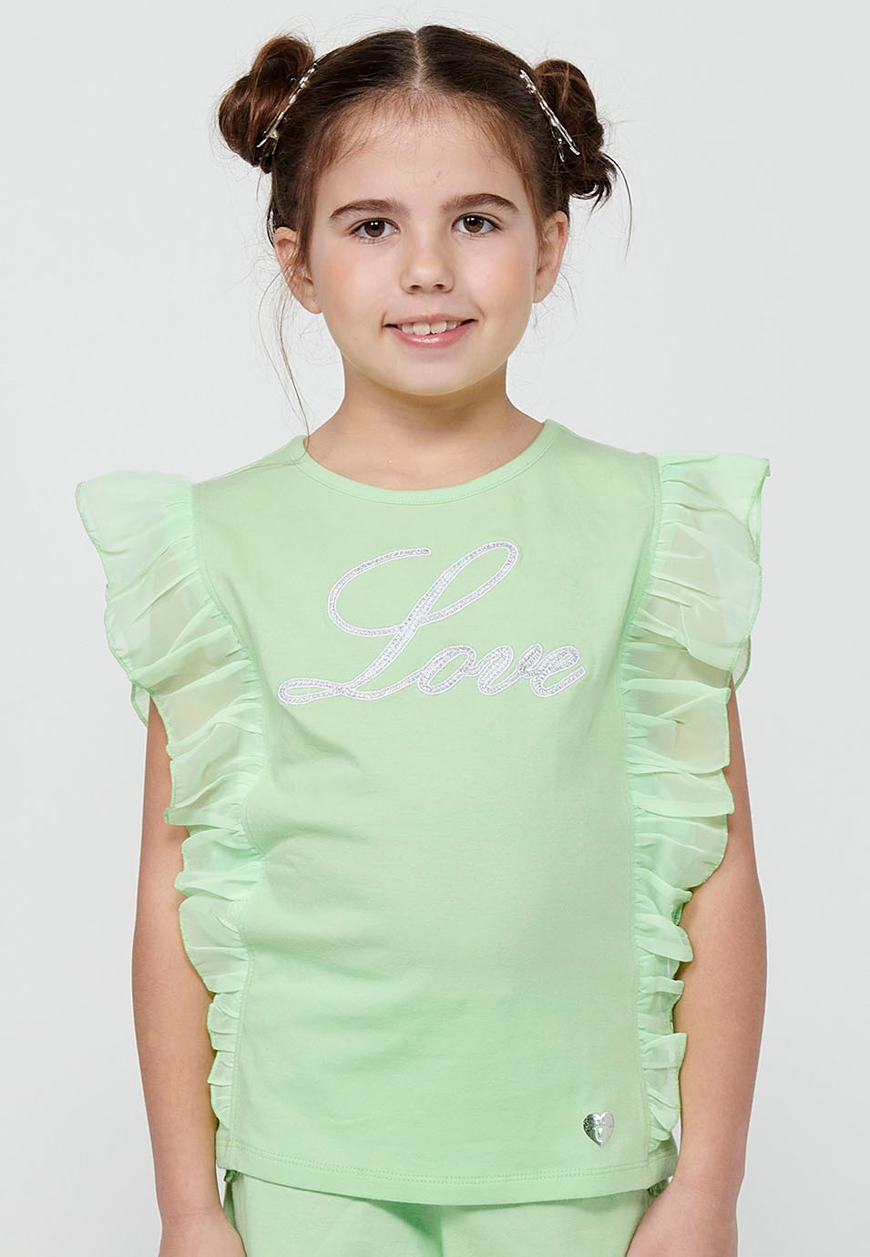 Pack haut et short. T-shirt sans manches à volants avec broderie sur le devant et Short avec finition volants de couleur Lime pour Fille 4