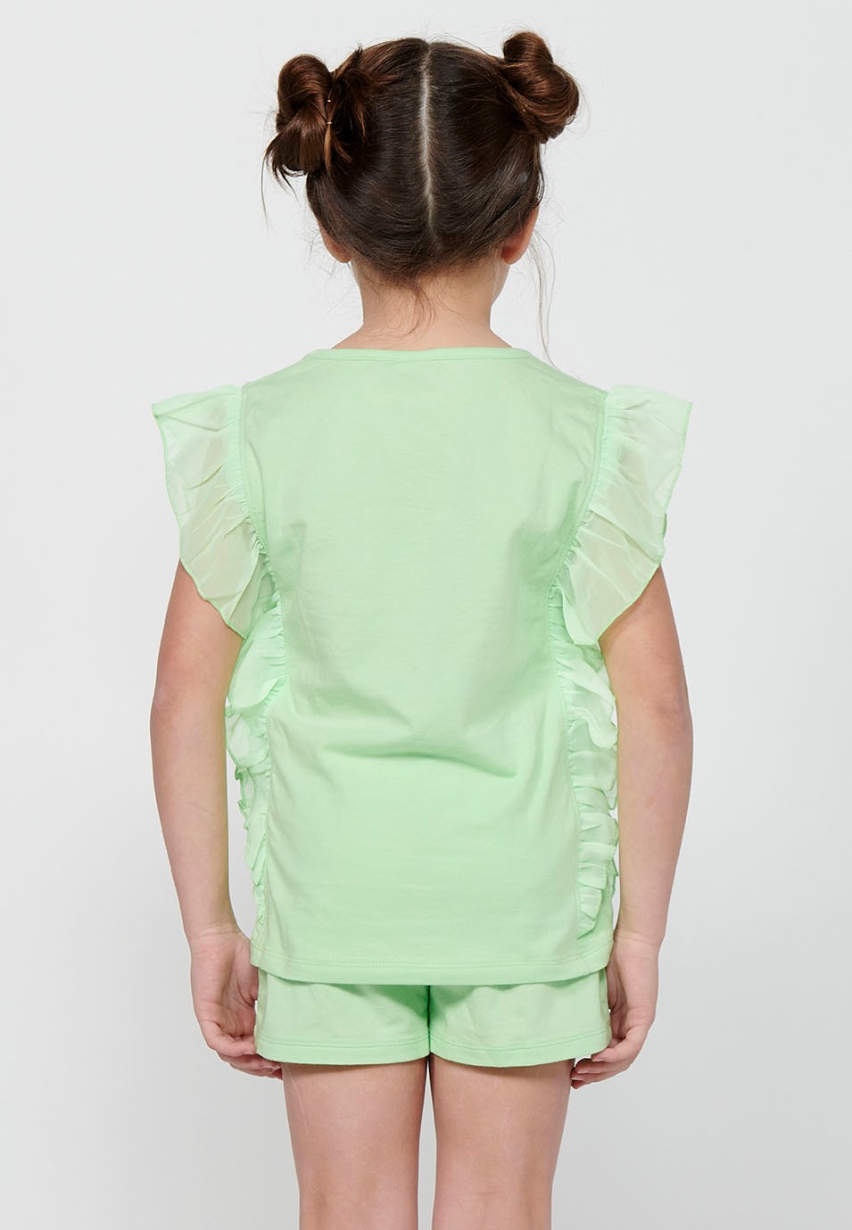 Pack haut et short. T-shirt sans manches à volants avec broderie sur le devant et Short avec finition volants de couleur Lime pour Fille 1