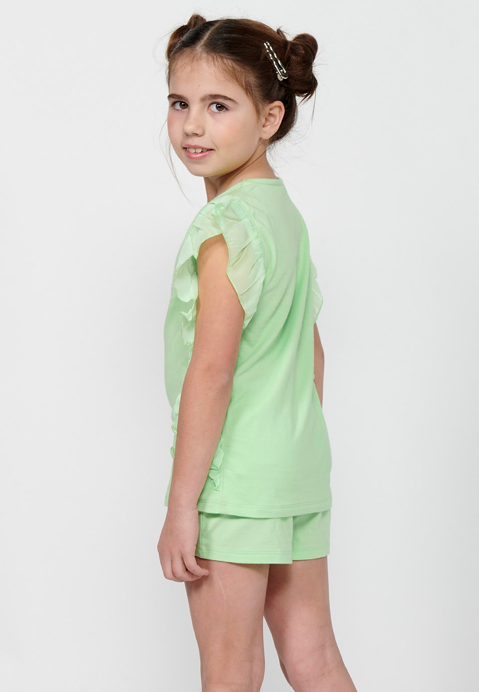 Pack haut et short. T-shirt sans manches à volants avec broderie sur le devant et Short avec finition volants de couleur Lime pour Fille 2