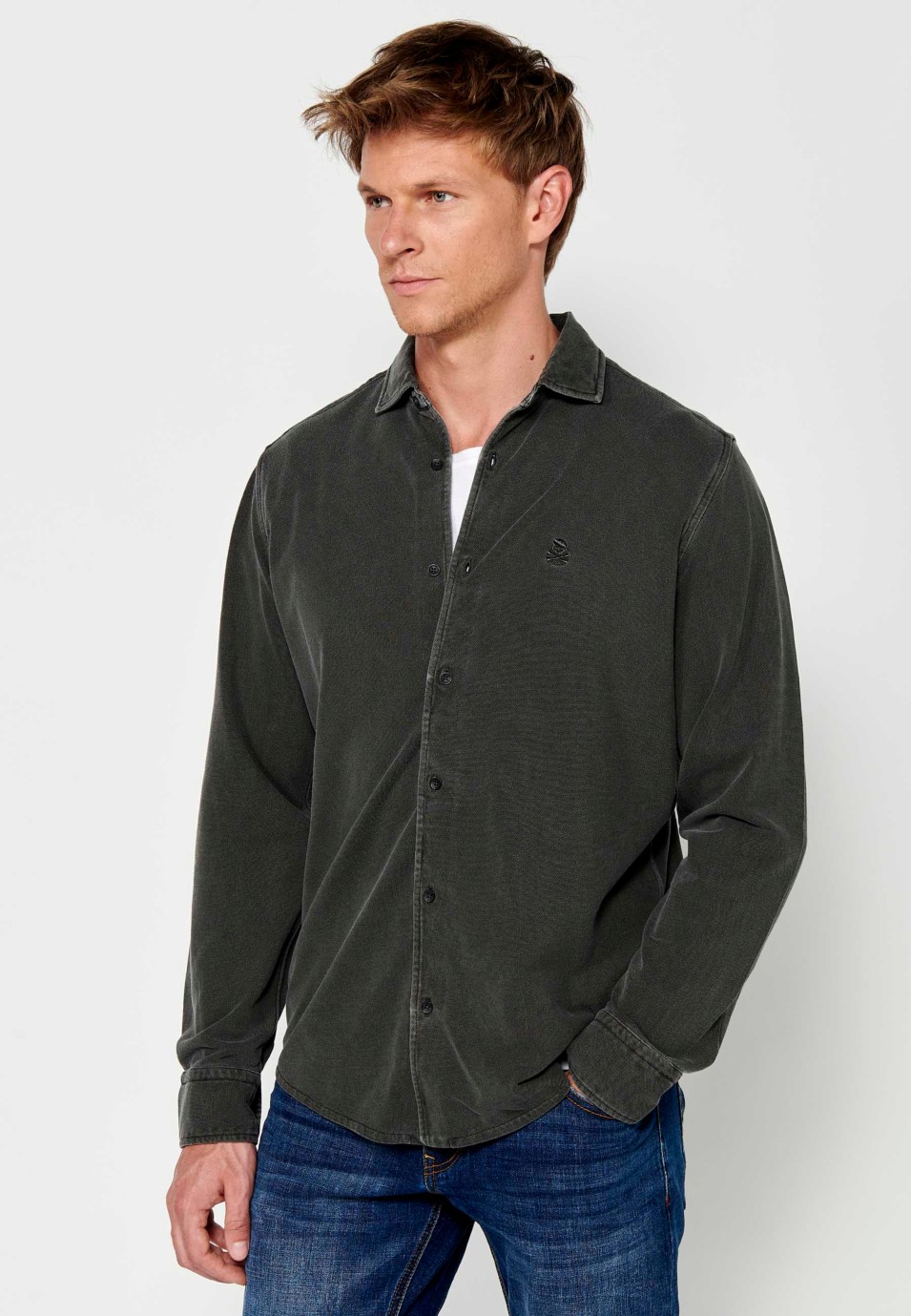 Camisa de manga larga de Algodón con Cierre delantero con botones color Antracita para Hombre