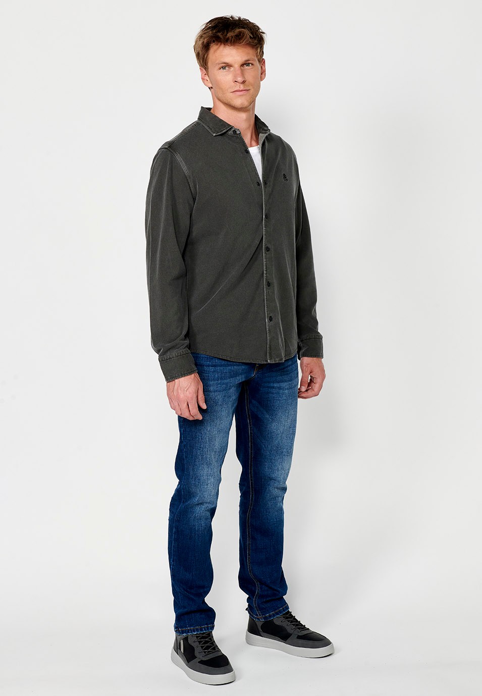 Camisa de manga larga de Algodón con Cierre delantero con botones color Antracita para Hombre