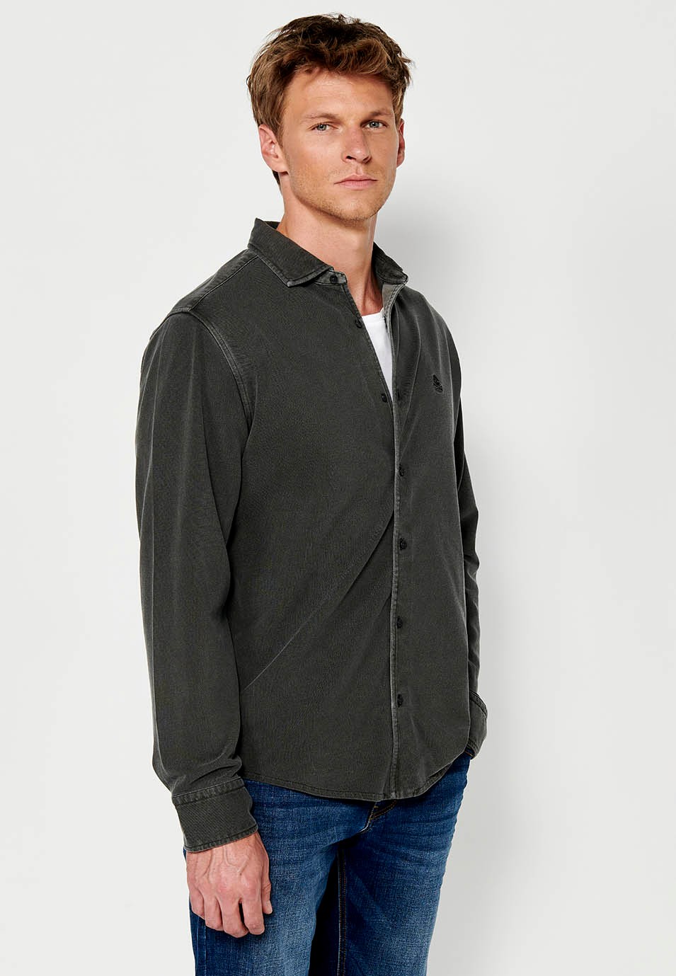 Camisa de manga larga de Algodón con Cierre delantero con botones color Antracita para Hombre