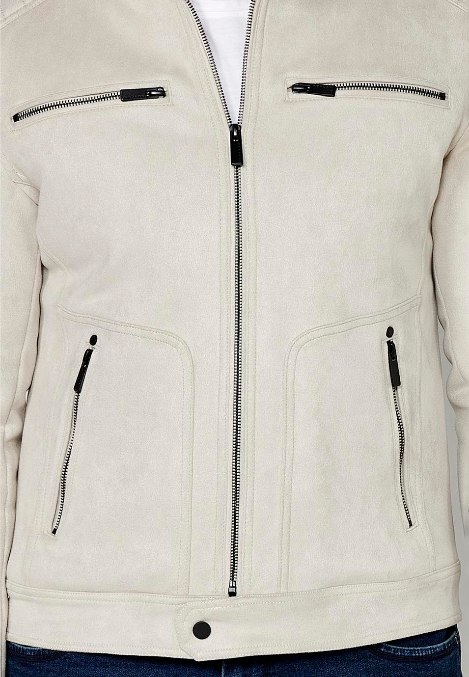 Chaqueta Cazadora efecto piel con Cuello redondo y Cierre delantero con cremallera color Piedra para Hombre