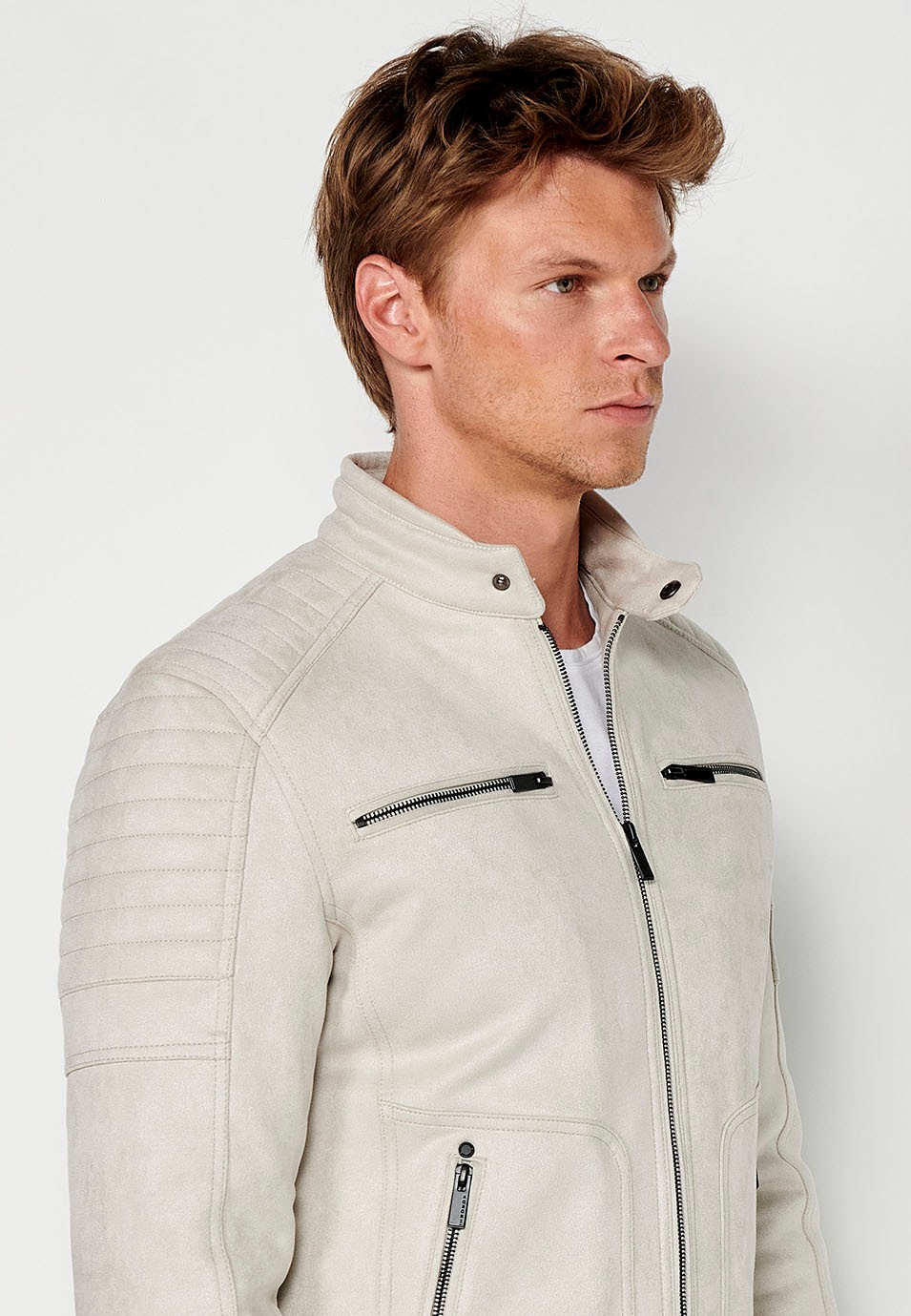 Chaqueta Cazadora efecto piel con Cuello redondo y Cierre delantero con cremallera color Piedra para Hombre