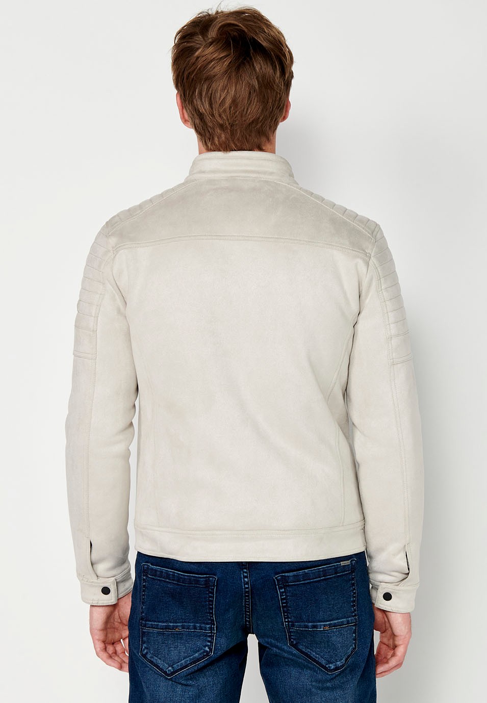 Chaqueta Cazadora efecto piel con Cuello redondo y Cierre delantero con cremallera color Piedra para Hombre