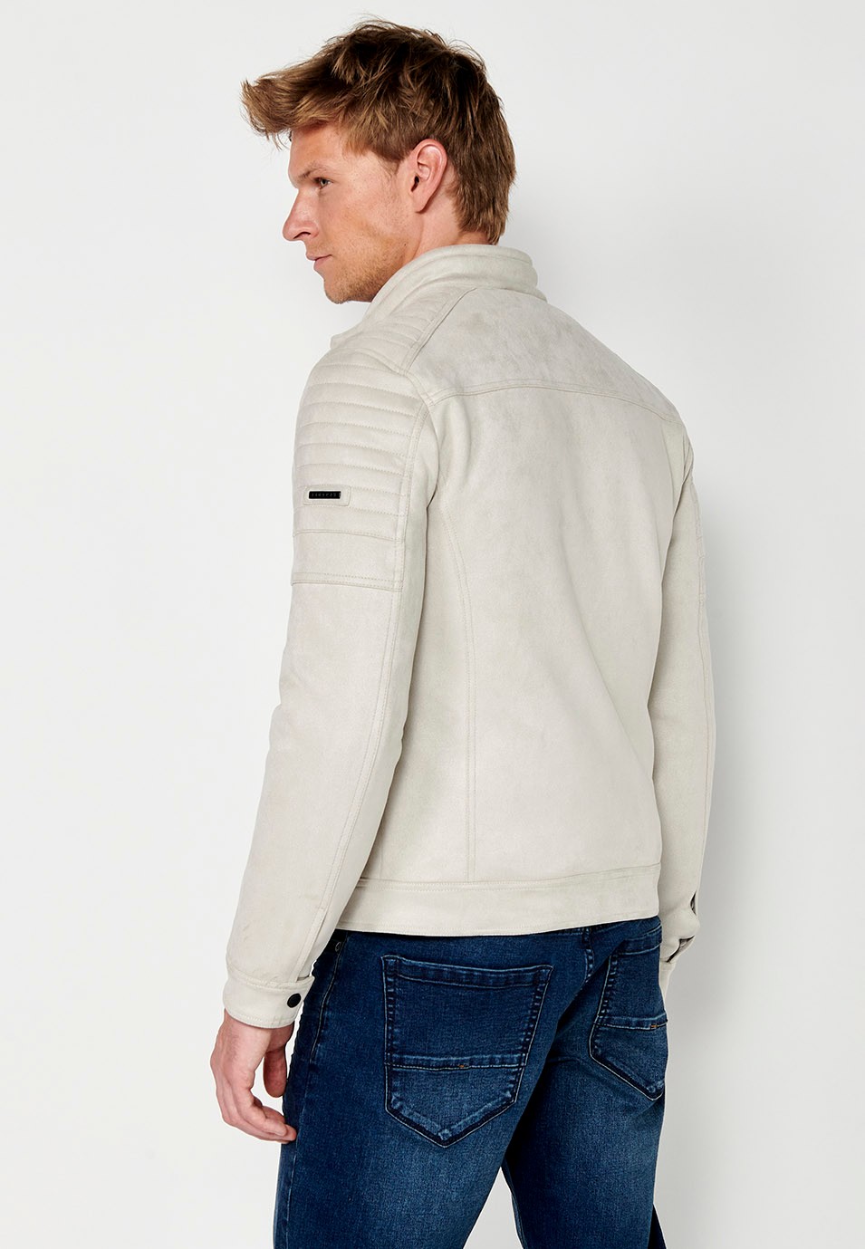 Chaqueta Cazadora efecto piel con Cuello redondo y Cierre delantero con cremallera color Piedra para Hombre