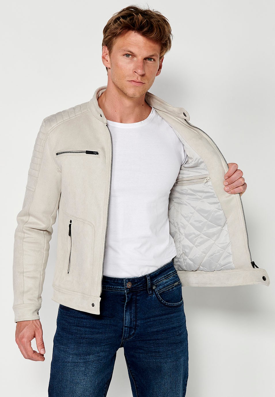 Chaqueta Cazadora efecto piel con Cuello redondo y Cierre delantero con cremallera color Piedra para Hombre