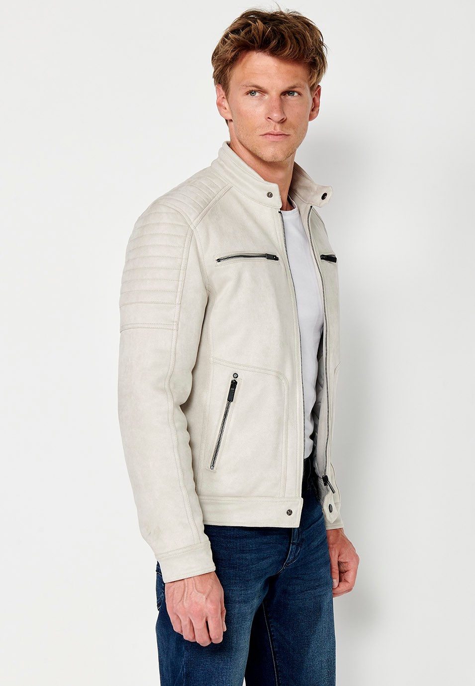Chaqueta Cazadora efecto piel con Cuello redondo y Cierre delantero con cremallera color Piedra para Hombre