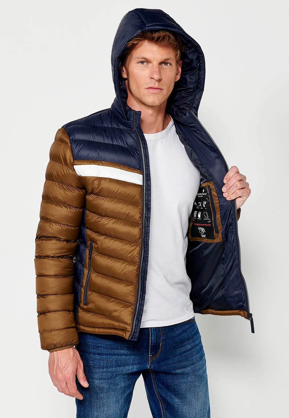 Chaqueta Cazadora acolchada con Cuello alto con capucha y Cierre delantero con cremallera color Marrón para Hombre
