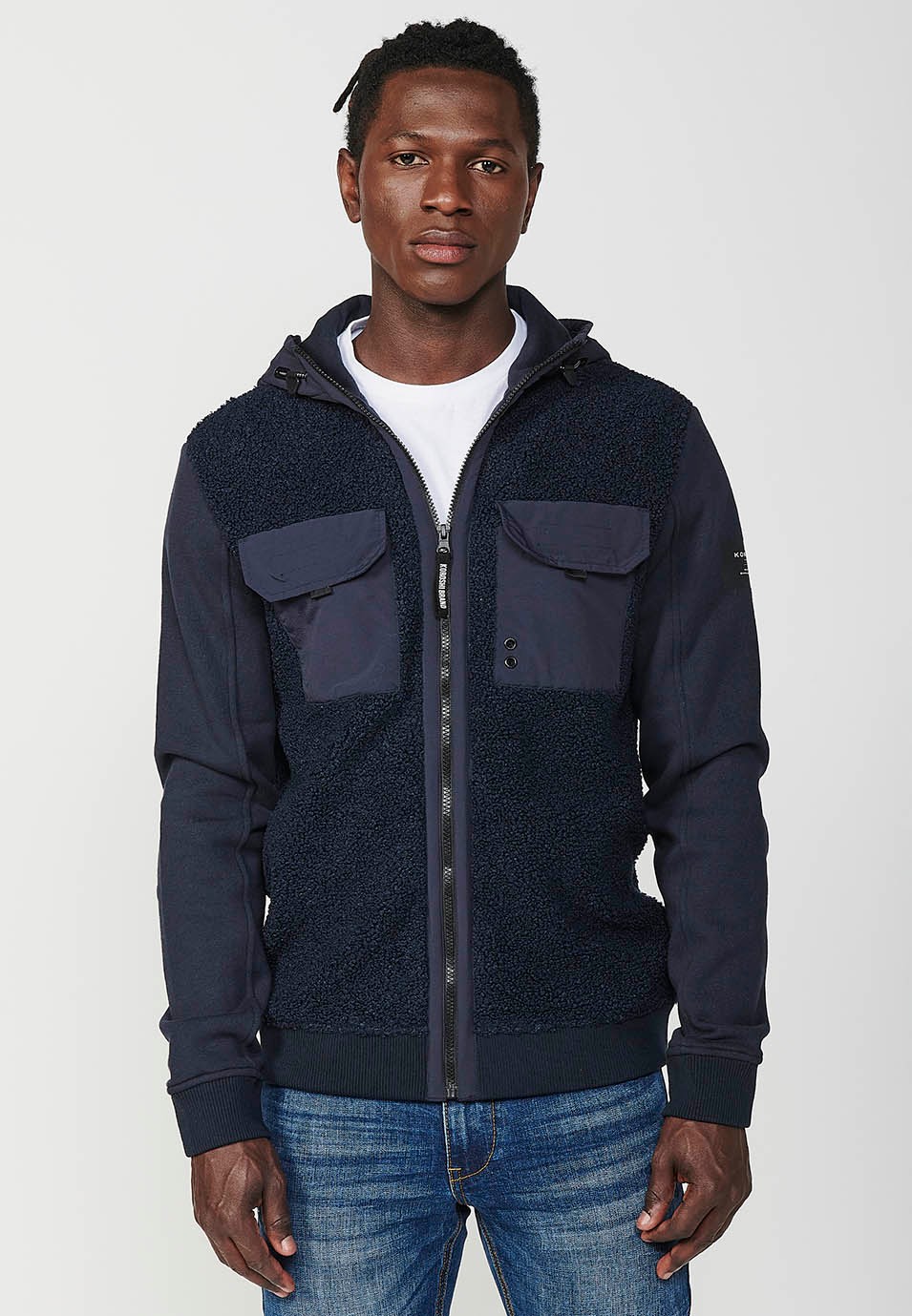 Chaqueta sudadera de manga larga con bolsillos delanteros y solapas para hombre de color navy