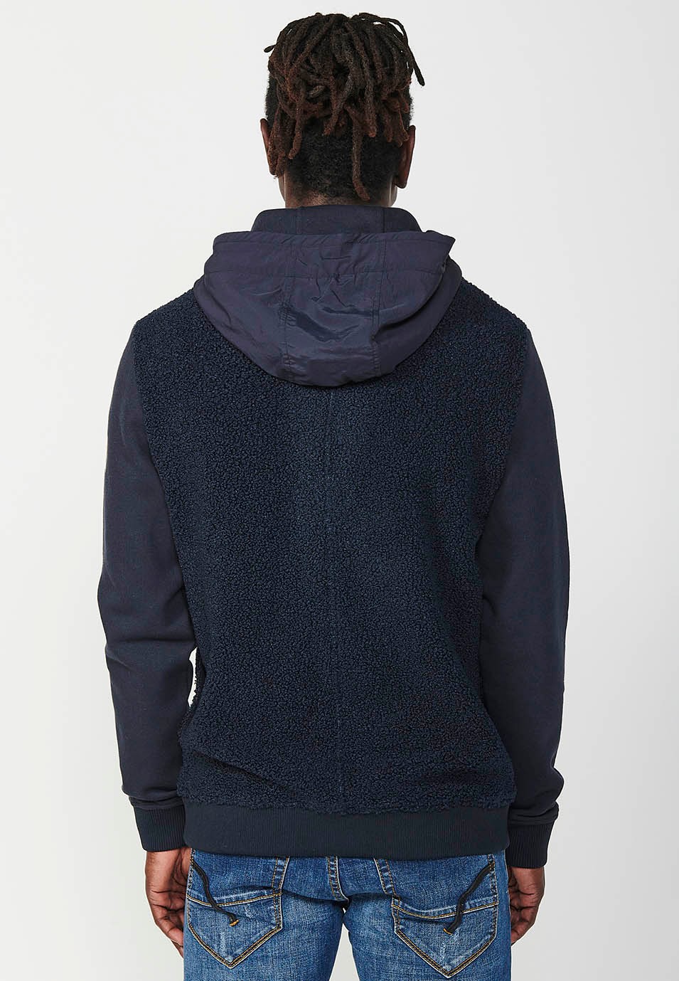 Chaqueta sudadera de manga larga con bolsillos delanteros y solapas para hombre de color navy