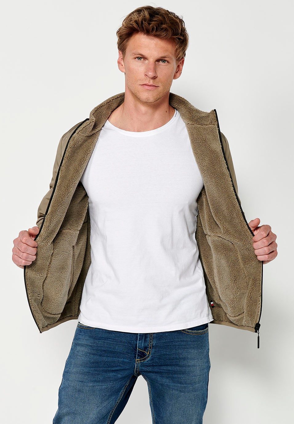 Reversible Faux Fur Bomber Jacket with Front Zip Closure and Stand-Up Collar with Pockets in Mink for Men