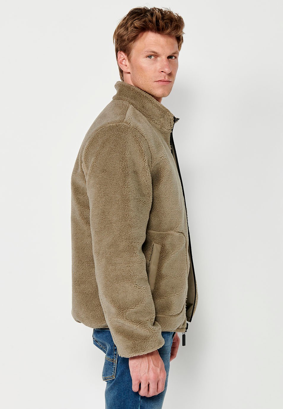 Reversible Faux Fur Bomber Jacket with Front Zip Closure and Stand-Up Collar with Pockets in Mink for Men