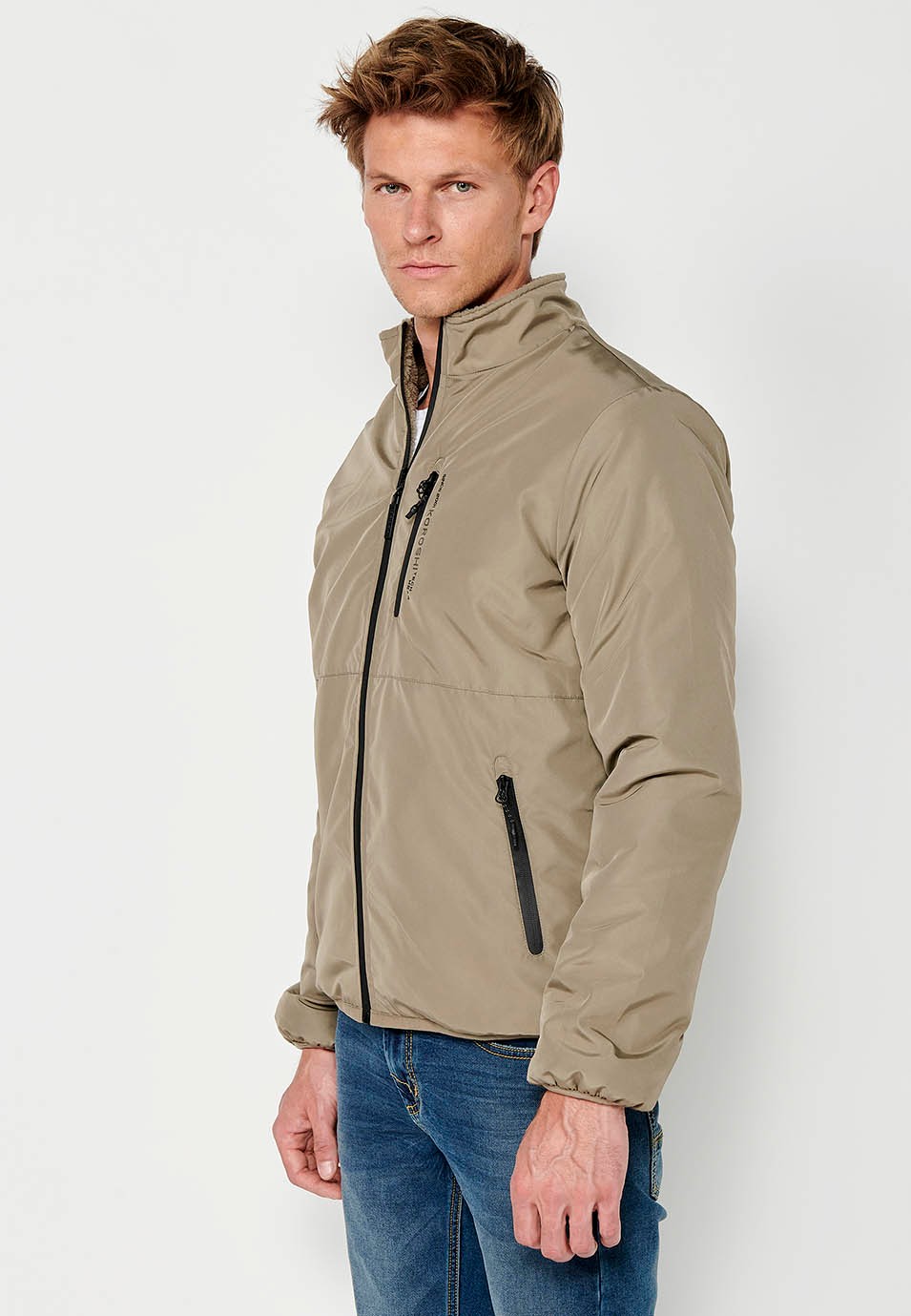 Reversible Faux Fur Bomber Jacket with Front Zip Closure and Stand-Up Collar with Pockets in Mink for Men