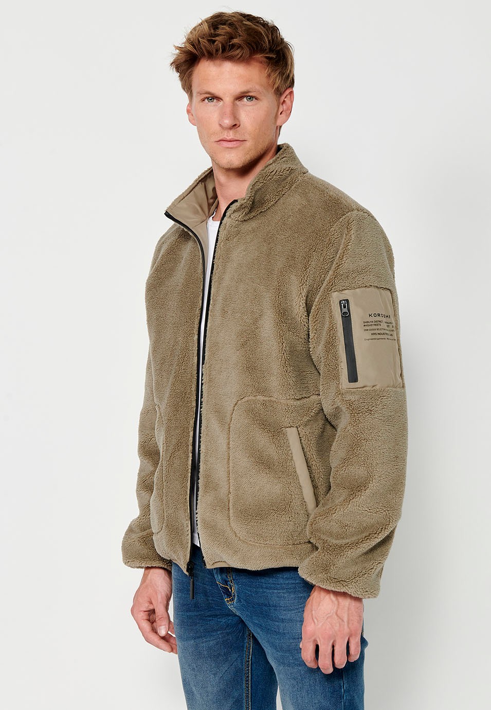 Reversible Faux Fur Bomber Jacket with Front Zip Closure and Stand-Up Collar with Pockets in Mink for Men