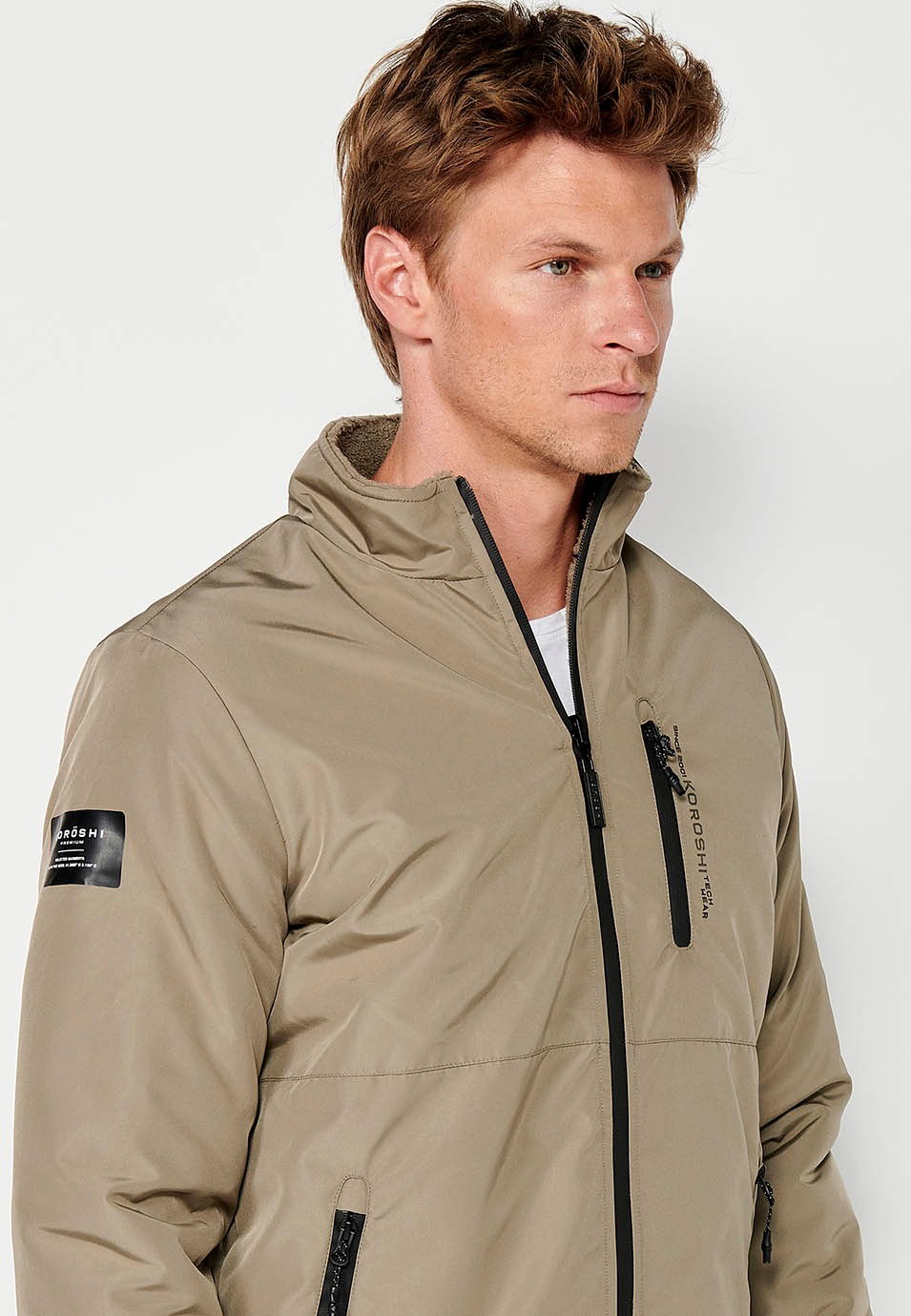 Reversible Faux Fur Bomber Jacket with Front Zip Closure and Stand-Up Collar with Pockets in Mink for Men