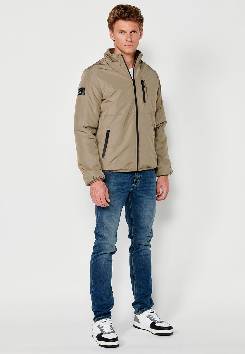 Reversible Faux Fur Bomber Jacket with Front Zip Closure and Stand-Up Collar with Pockets in Mink for Men