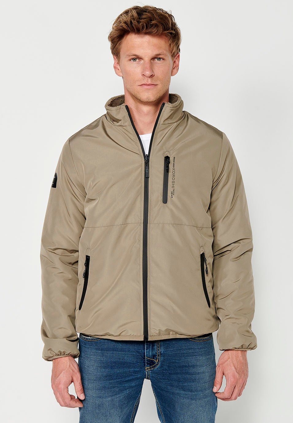 Reversible Faux Fur Bomber Jacket with Front Zip Closure and Stand-Up Collar with Pockets in Mink for Men