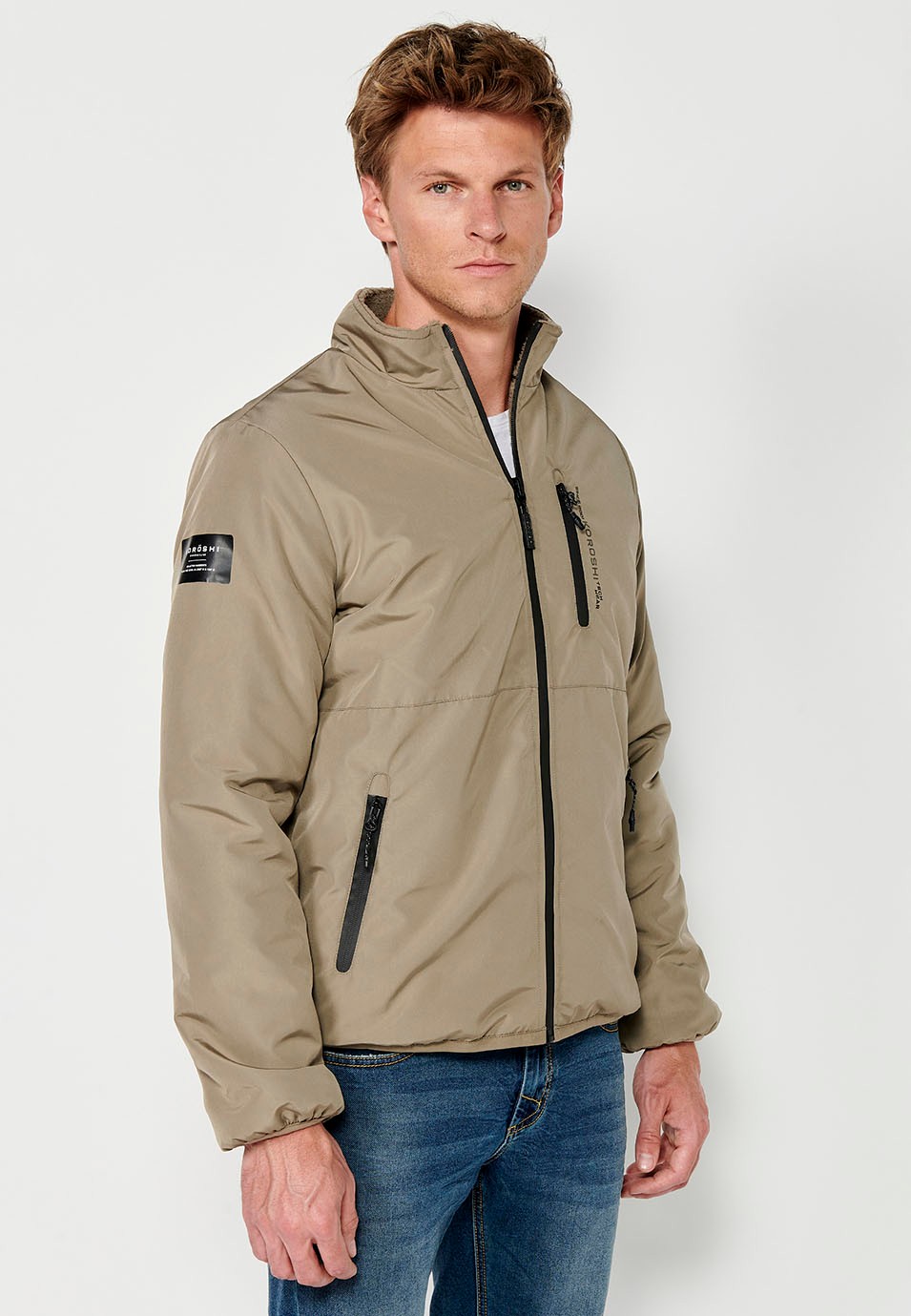Reversible Faux Fur Bomber Jacket with Front Zip Closure and Stand-Up Collar with Pockets in Mink for Men