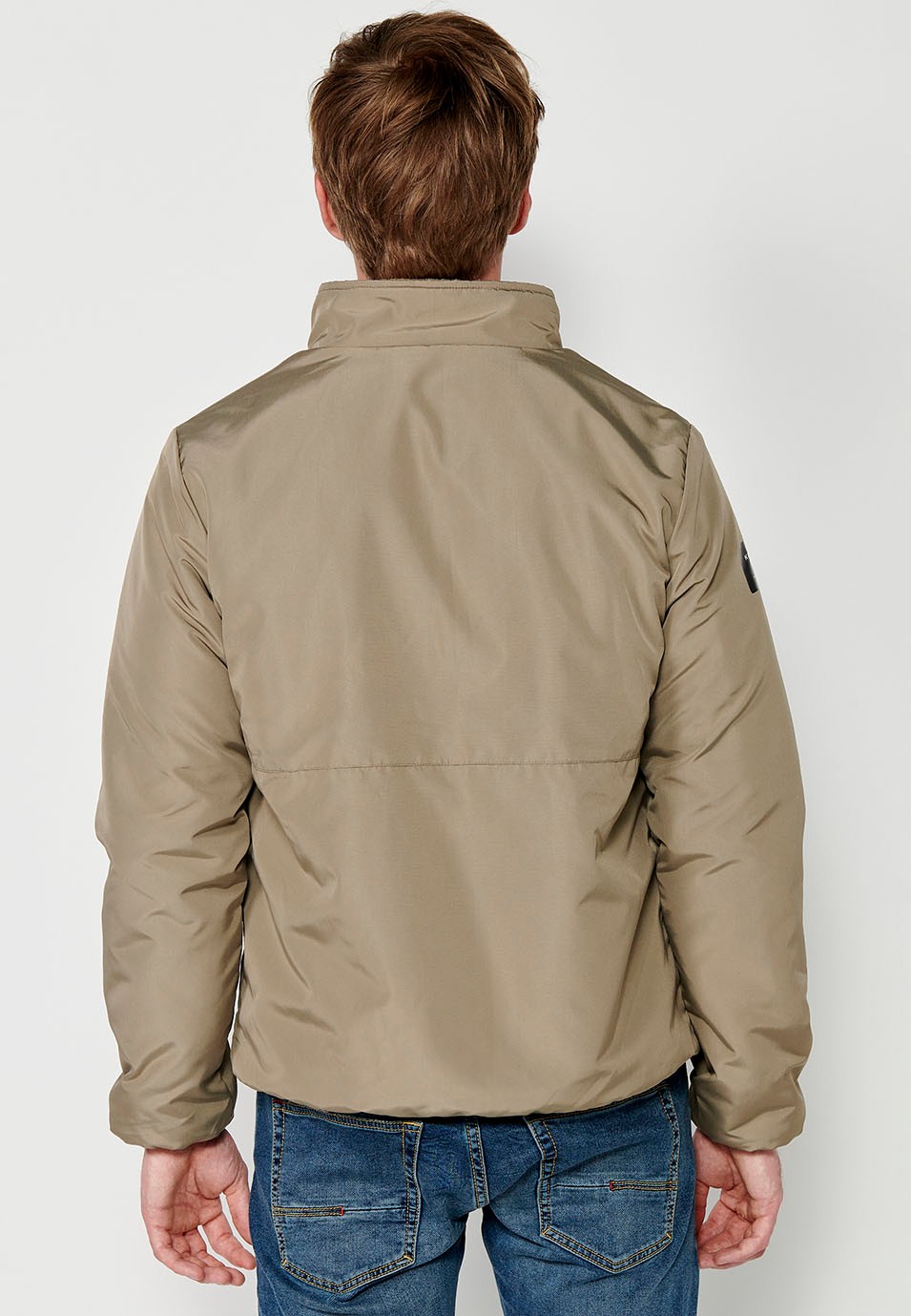 Reversible Faux Fur Bomber Jacket with Front Zip Closure and Stand-Up Collar with Pockets in Mink for Men