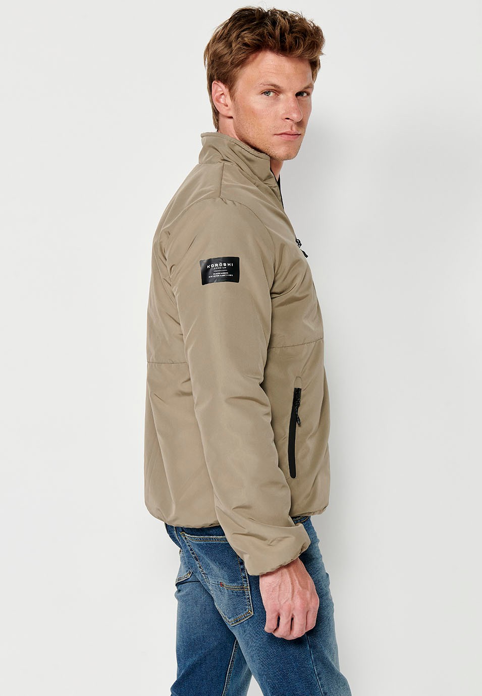 Reversible Faux Fur Bomber Jacket with Front Zip Closure and Stand-Up Collar with Pockets in Mink for Men